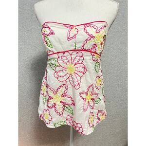 Vintage Lilly Pulitzer Calista Strapless Top Womens 10 White Embroidered Floral
